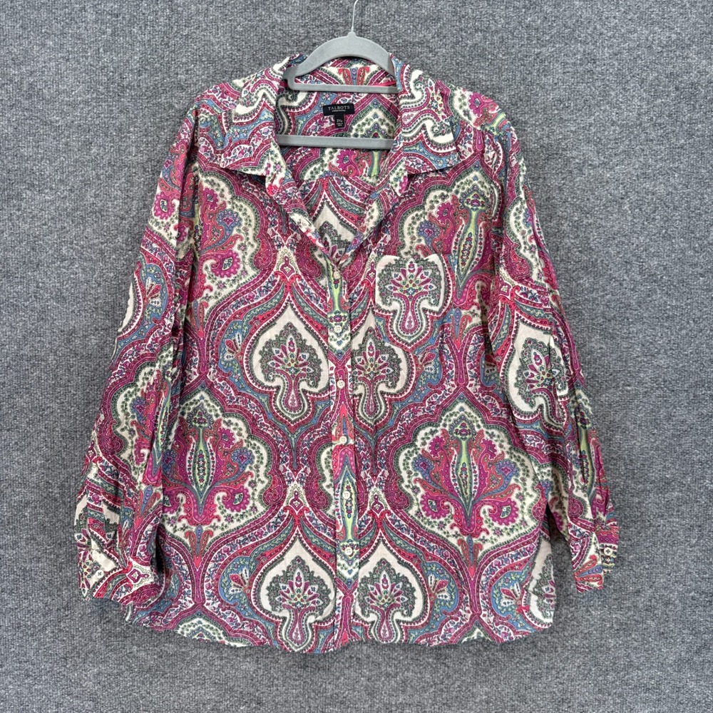 Talbots Blouse Women 2XP Pink Blue Paisley Button Up Cotton Collared Shirt Top